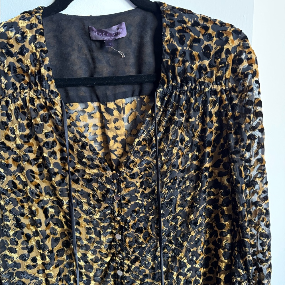 Hale Bob Leopard Cheetah Print Velvet Burnout Semi Sheer Boho Long Sleeve Blouse - Picture 2 of 7